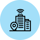 City buildings icon with location signal symbol