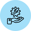 Blue service icon with gear and wrench over vehicle imagery