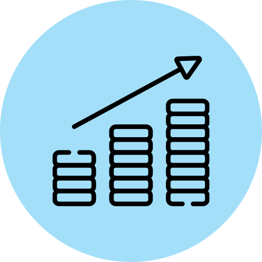 Stacked coins with rising arrow showing growth or revenue